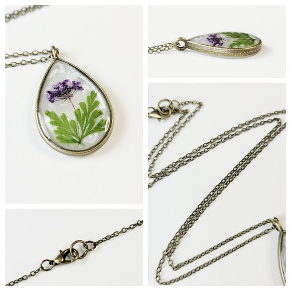 Floral Teardrop Necklace Purple and Green Pressed Dried Flower Teardrop Pendant - Picture 5 of 10
